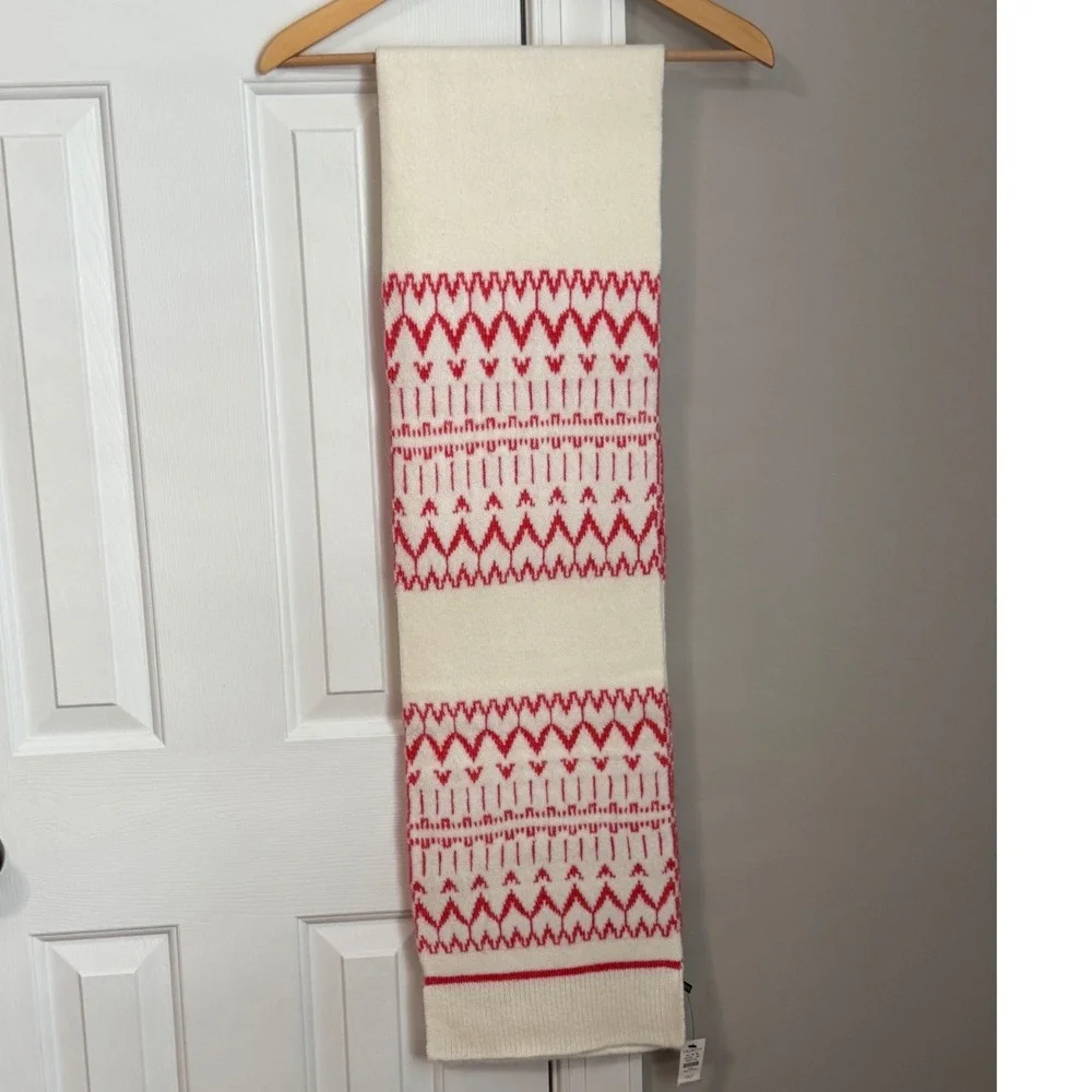 Talbots Fair Isle Heart Knit Scarf Womens Ivory Red Wool Blend Nordic Fisherman